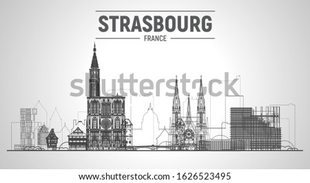 Strasbourg (France) line city skyline vector at white background. Flat vector illustration. Business travel and tourism concept with modern buildings. Image for banner or web site.