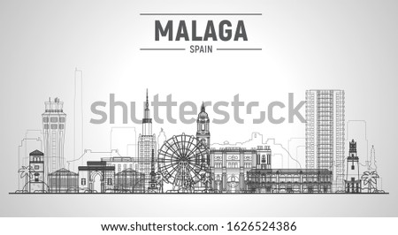 Malaga, Spain (Andalusia) line skyline with panorama at white background. Vector Illustration. Business travel and tourism concept with modern buildings. Image for banner or web site