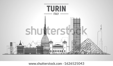 Turin, Italy skyline line skyline at white. Vector Illustration. Business travel and tourism concept with modern buildings. Image for banner or web site