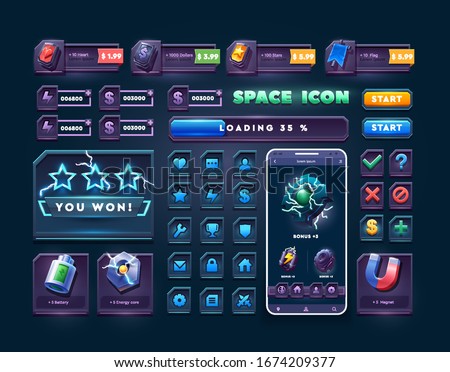 Set of icons and buttons for 2d space game. Big set buttons for games and app. Metal game UI kit. Space game icon.