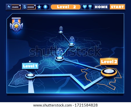 3D map of game levels in the form of a futuristic city. Line map and game ui elements in a dark background. Vector illustration.