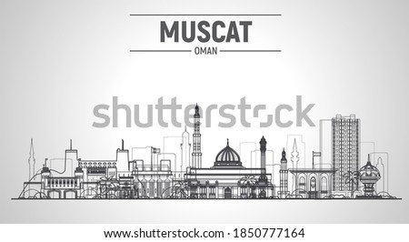 Muscat (Oman) line city skyline. Stroke vector illustration. Business travel and tourism concept with modern buildings. Image for banner or web site.