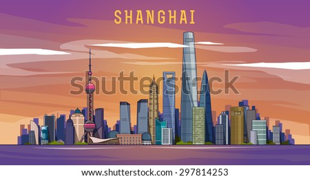 Shanghai skyline. Vector illustration .shanghai skyline and huangpu river with sunset glow