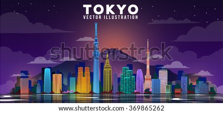 Tokyo city night skyline. Vector illustration