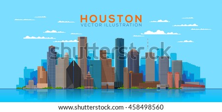 Houston Texas vector illustration. Main buildings panorama. tourism and business picture with Houston city skyline.