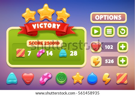  Cool shiny glossy colorful shapes, vector assets for gui design.Cartoon vector title banners and buttons set . for game design.Screen victory