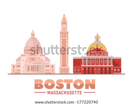 Boston Massachusetts (USA) landmarks. Isolated objects famous city buildings. Vector illustration.