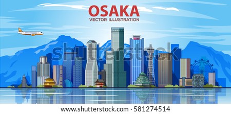Osaka Japan skyline with panorama. Vector Illustration. Business travel and tourism concept with modern buildings. Image for banner or web site.