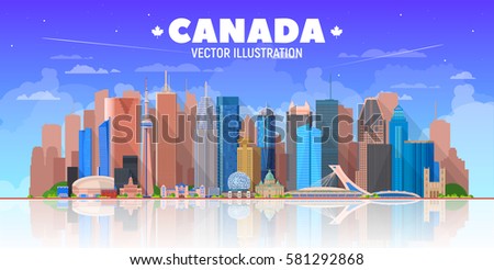 Canada skyline. Vector illustration. Collage from Canadian cities panorama skyline in white background. Business travel and tourism concept with modern buildings. Image for banner or web site.