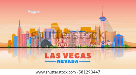 Las Vegas skyline with panorama in evening sky background. Vector Illustration. Business travel and tourism concept with modern buildings. Image for banner or web site.