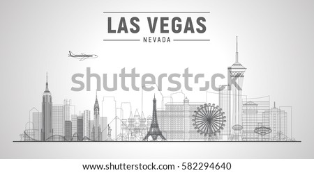 Las Vegas skyline with panorama in white background. Vector line Illustration. Business travel and tourism concept with modern buildings. Image for banner or web site.