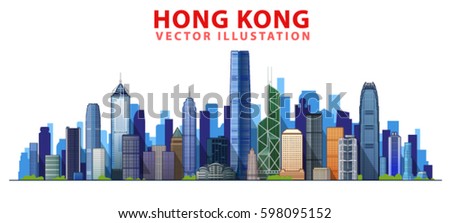 Hong kong skyline with panorama in white background. Vector Illustration. Business travel and tourism concept with modern buildings. Image for presentation, banner, web site.
