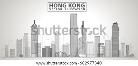  Hong Kong city. All buildings - customizable different objects with background fill, so you can change composition for your project. Line art.
