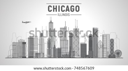 Chicago skyline on a white background. Flat vector illustration. Business travel and tourism concept with modern buildings. Image for banner or web site.