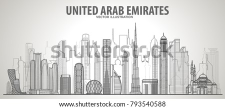 United Arab Emirates line  skyline illustration on a white background. Flat vector illustration. Business travel and tourism concept with modern buildings. Image for banner or web site