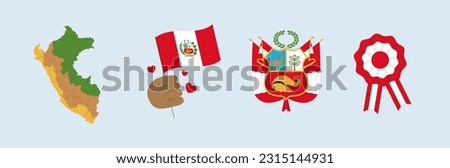 Peru map, flag, shield icons red and white
