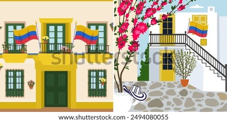 A Colombia traditional house in Cartagena o Barranquilla city with colombian flag