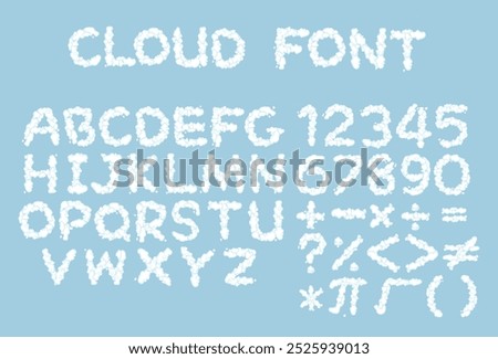 Cloud sky font alphabet, numbers and maths icons 