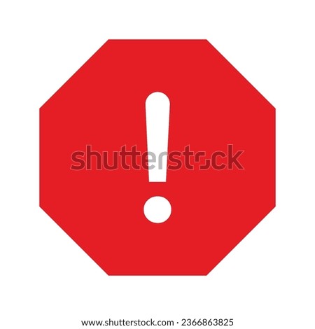 A white warning or attention symbol above a red octagonal shape with flat corners. Vector high quality icon