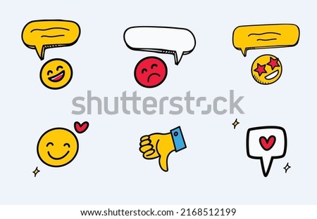 Hand drawn social media reactions vector. smile face, comment icon, like, dislike, Emoji Feeling Faces Vector, Communication Chat Elements in yellow ball bubble 2D face, heart icon all in hand draw .
