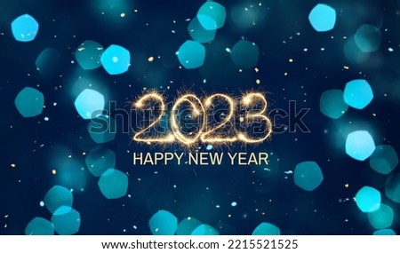 Photo of Happy New Year 2023  Beautiful Holiday greeting card with text congratulations Happy New Year 2023 on blue Festive background. Abstract new year Web banner