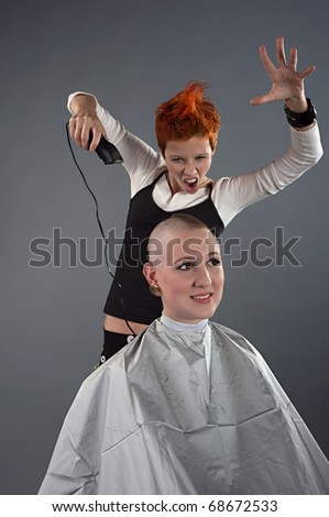 A crazy hairdresser shaves a girl off her hair