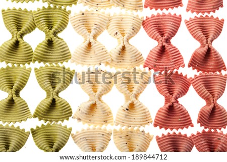 Multicolored italian pasta background as Italy flag