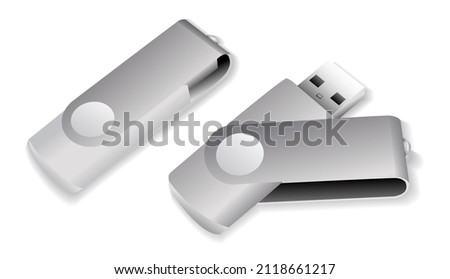realistic usb flash drive stick memory with lid open isolated on a white background, flash drive set illustration.