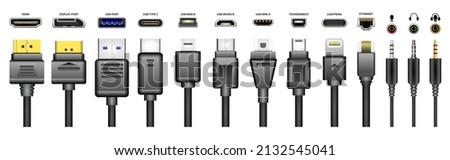 realistic usb connector for mobile phone, various socket plug in for gadget and electronics device. 