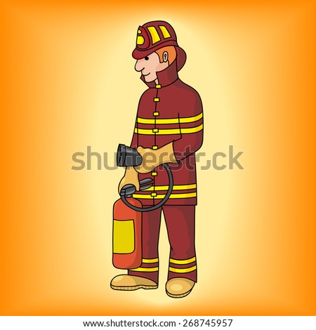 Firefighter in red uniform holding a fire extinguisher. Editable vector illustration.
