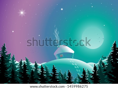 Vector illustration with night snowy landscape. Night time view with the moon, stars and a cabin in a forest. A cabin in the snowy woods at full moon. 