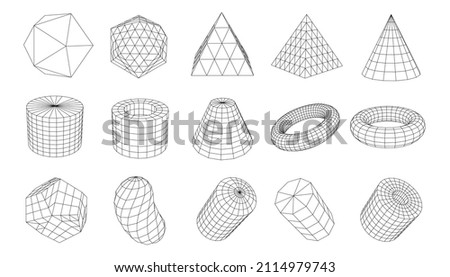 A set of geometric shapes from a wireframe. A collection of miscellaneous objects for use in HUD design. Network line concept. Creative abstract geometric shapes. Vector illustration.