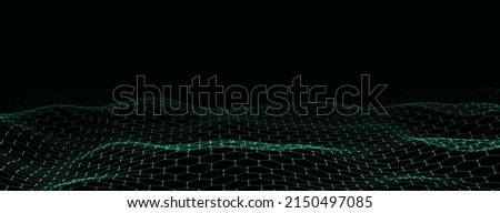  Futuristic green hexagon dynamic wave. Futuristic honeycomb concept. Digital technology webflow. Big data visualization. Vector Illustration.