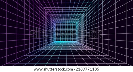 3D wireframe room colorful on dark background. Abstract perspective grid. Vector illustration.