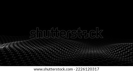 Futuristic hexagon dynamic wave on black background. Futuristic honeycomb concept. Digital technology webflow. Big data visualization. Vector illustration.
