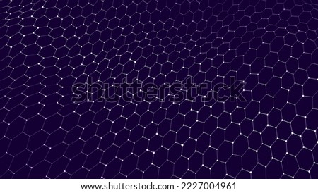Futuristic hexagon dynamic wave on purple background. Futuristic honeycomb concept. Digital technology webflow. Big data visualization. Vector illustration.