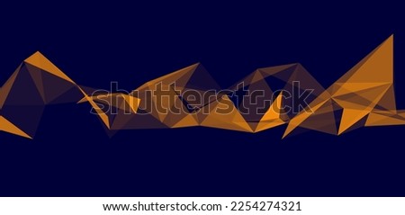 Futuristic geometric data flow background with connecting orange triangles on blue background. Low poly concept. Big data complex with connections. Vector illustration.