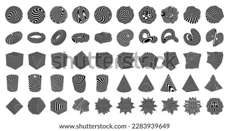 Set of 3d optical illusions on shapes. Collection of 50 from twisted stripes elements. Illusion effect for use in your graphic design. Black and white 3d art. Vector illustration.