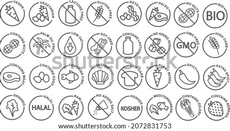 A set of editable icons related to diets such as keto, vegan, vegetarian, plant based, paleo, dietary restrictions, allergens, spiciness, ketogenic, low fat, high carb, no added sugar etc.