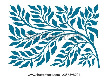 Blue branch. Floral leaves, Matisse style of elegant, thin tree flowing, wavy and curvy leaf, arranged horizontally. Delicate stem. Medieval, Art Deco, and Art Nouveau styles. Vector illustration