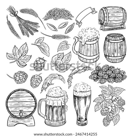 A set with beer elements. Wooden barrels and beer mugs, malt and hops. Hand-drawn illustrations with black and white vector graphics. Clipart for the design of labels, packages, oktoberfest posters.