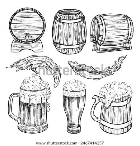 Wooden barrels and beer mugs. Hand-drawn illustrations with black and white vector graphics. Elements of cliparts for the design of labels, packages, posters about beer production.