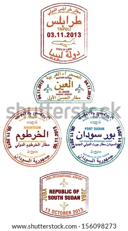 Stylized passport stamps of Libya, Western Sahara, Sudan and South Sudan in vector format.