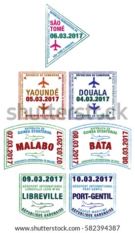 Passport stamps Cote d'Ivoire, Burkina Faso, Benin, Ghana and Togo in vector format. Translation: Aéroport - Airport.