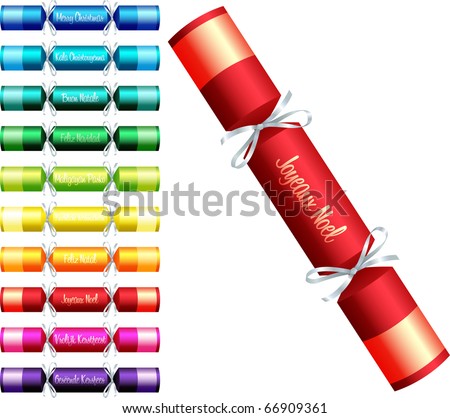 Christmas crackers with 'Merry Christmas' in ten different languages in a variety of colours on a white background.