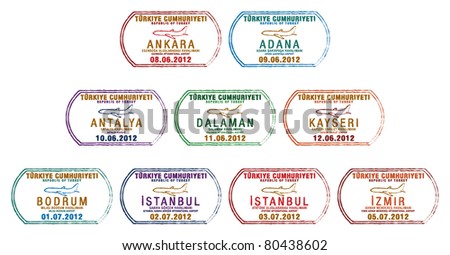Stylized Turkish passport stamp set in vector format.
