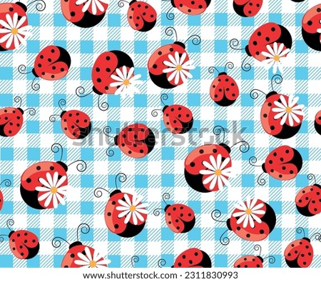 Seamless Pattern of Spring Flowers and Lady bugs with Plaid Check Background- Spring Vector Illustration