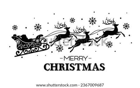 Christmas Santa Sleigh Black and white with Merry Christmas Wordings, Snowflakes and Reindeer- Christmas Black and white Vector Illustration