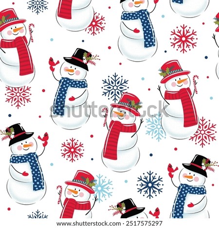 Christmas Cute Snowman 
Seamless Pattern with Cardinal bird and Candy Cane- Christmas Snowman Vector Illustration