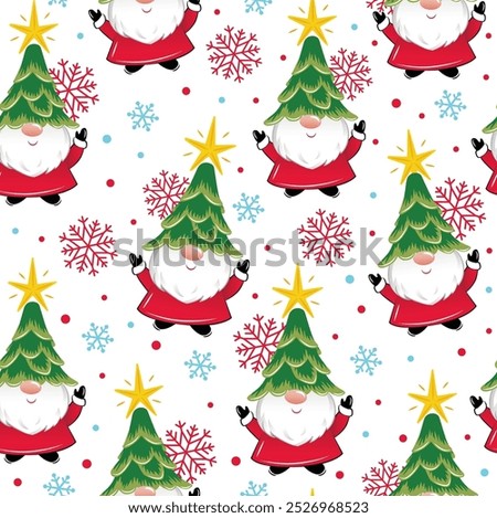 Christmas Cute Gnomes Seamless Pattern with Christmas Tree with Star on the Head, Snowflakes- Christmas Vector Illustration